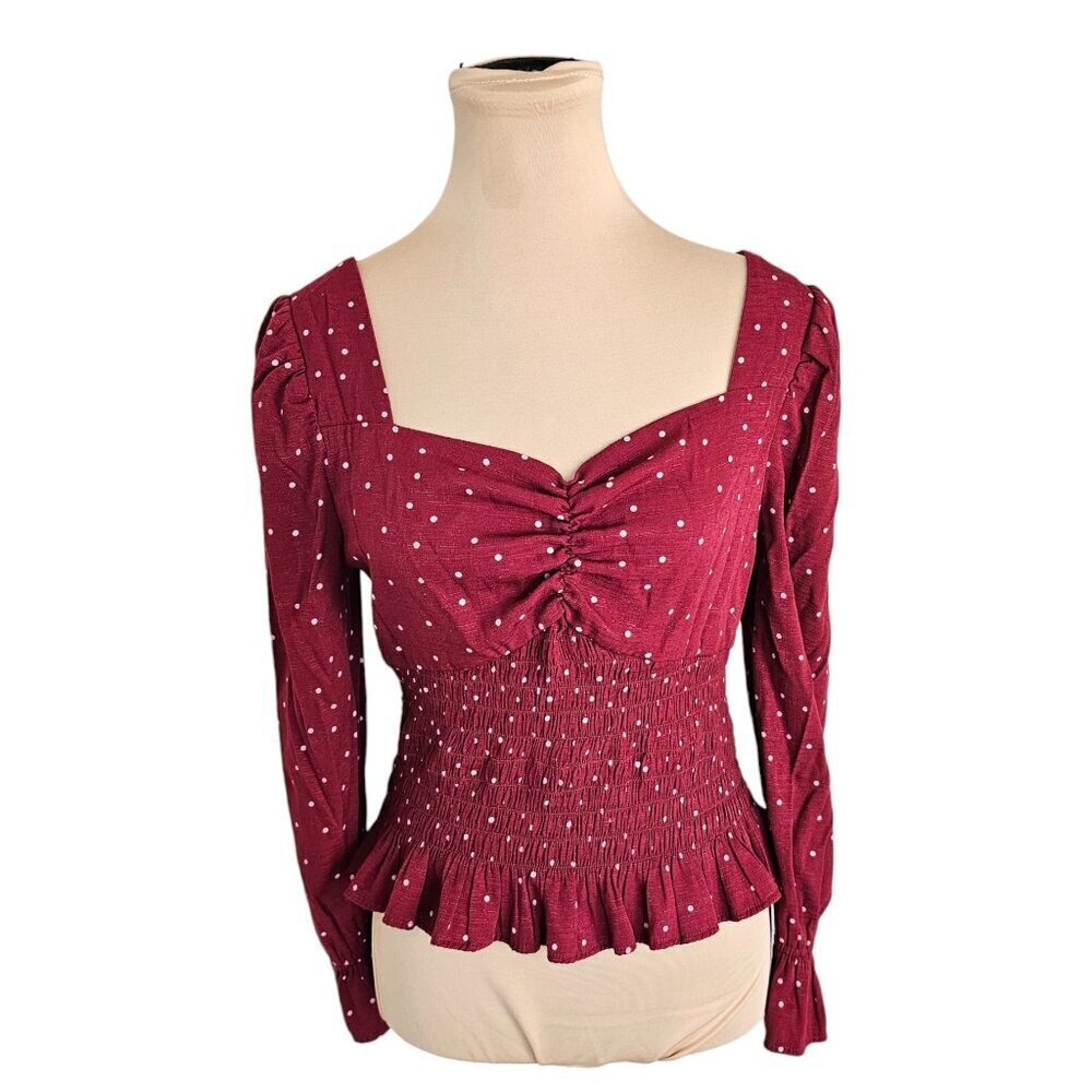 Moon River Red and White Polka Dot Blouse Sz M